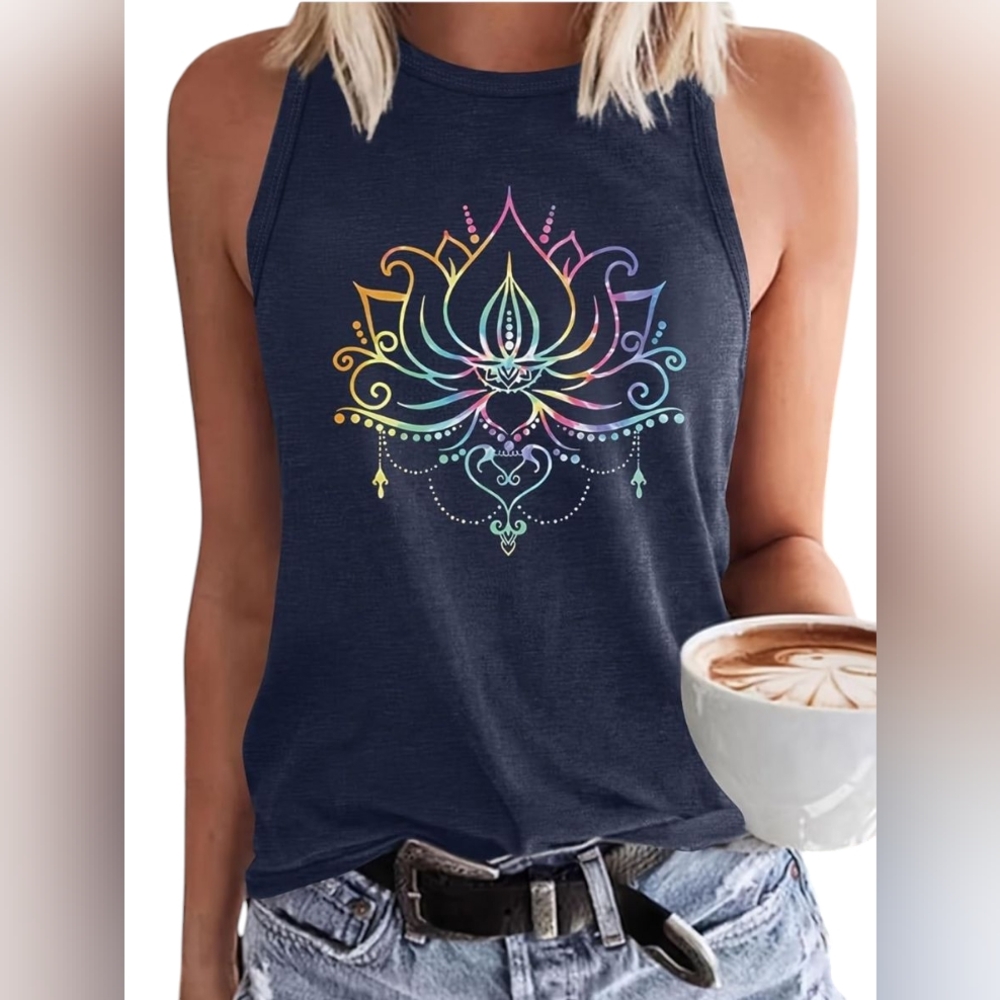 🆕 Women's Heather Blue Tank Top With Rainbow Lotus Flower Screen Print